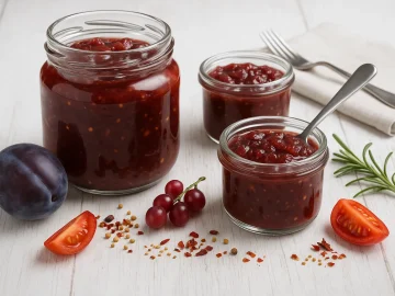 Pflaumenchutney in Glasgefäßen, dekoriert mit frischen Pflaumen, Trauben und Gewürzen auf weißem Holztisch