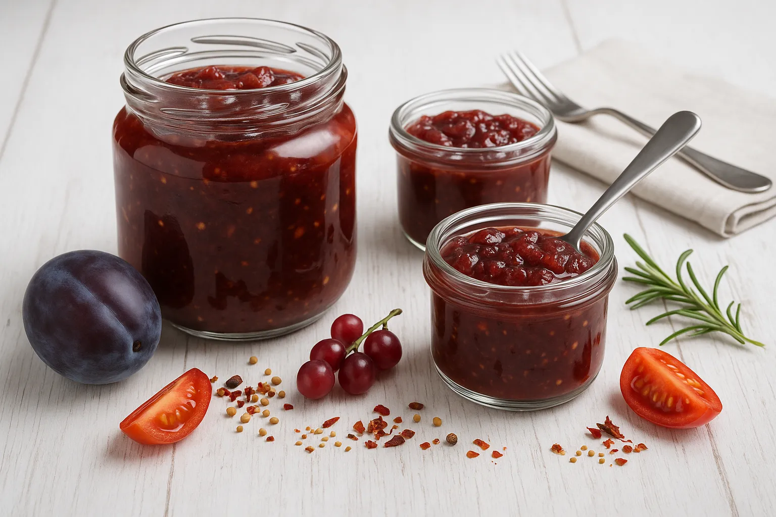 Pflaumenchutney in Glasgefäßen, dekoriert mit frischen Pflaumen, Trauben und Gewürzen auf weißem Holztisch