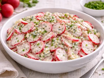 Radieschensalat mit cremigem Roquefort-Dressing in weißer Schüssel auf hellem Holzhintergrund