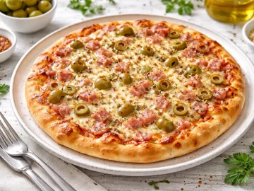 Schinken-Oliven-Pizza mit geschmolzenem Käse und Oliven auf weißem Teller auf hellem Holztisch