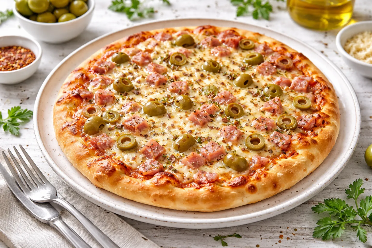 Schinken-Oliven-Pizza mit geschmolzenem Käse und Oliven auf weißem Teller auf hellem Holztisch