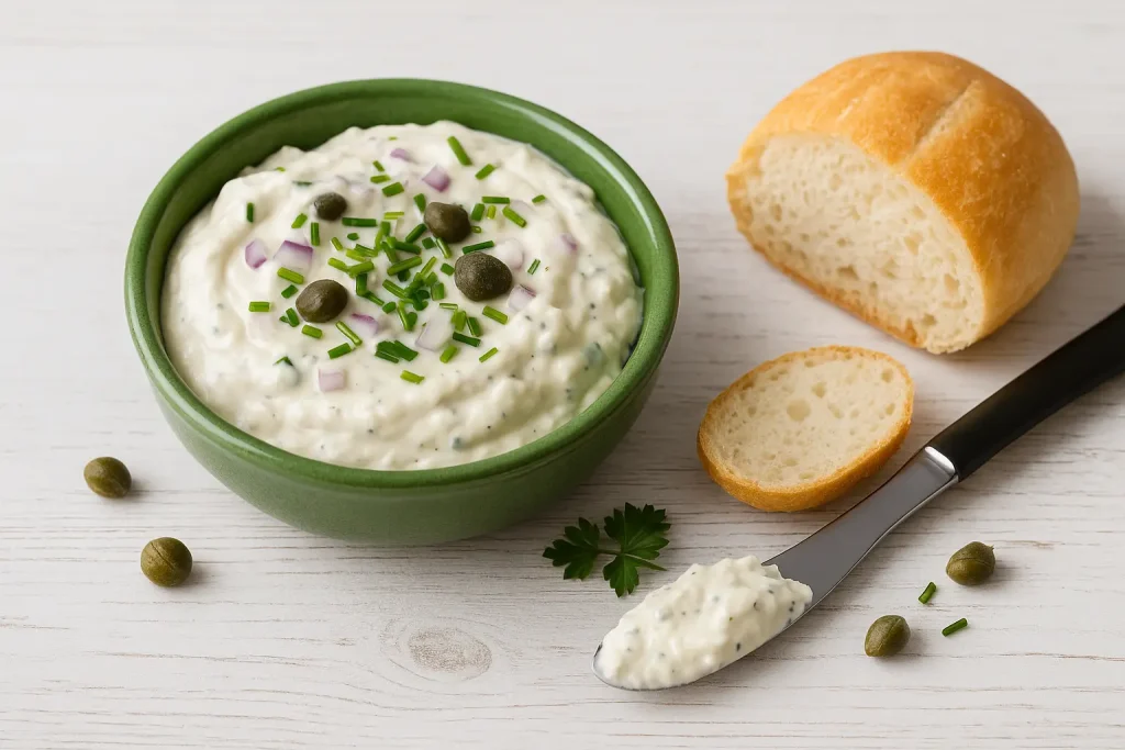  Würziger Frischkäse-Aufstrich mit Zwiebel, Kapern und Schnittlauch in grüner Schale auf weißem Holztisch, serviert mit Brot und Brotmesser.