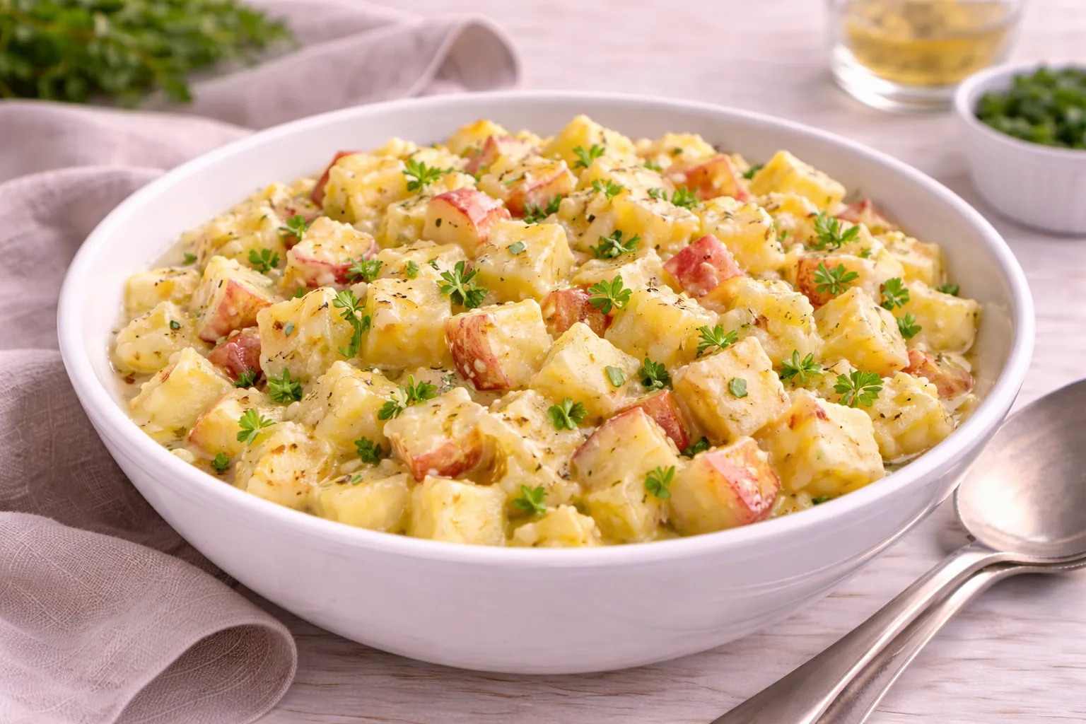 Würziger Käsesalat mit Käsewürfeln, Apfelstücken und cremigem Senf-Dressing in weißer Schale auf hellem Holztisch.