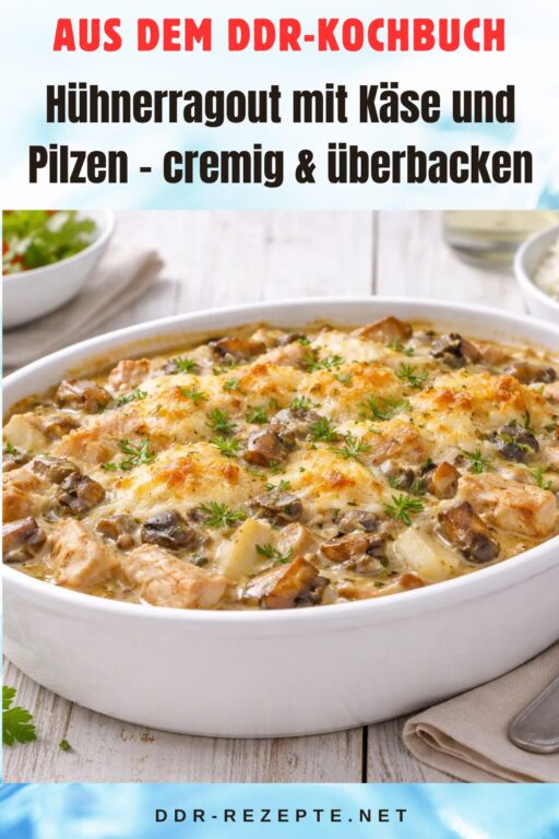 Hühnerragout mit Käse und Pilzen – cremig & überbacken