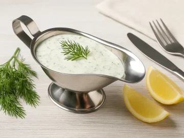 Cremige Dill-Krem-Soße in einer glänzenden Edelstahlsauciere, dekoriert mit frischem Dill