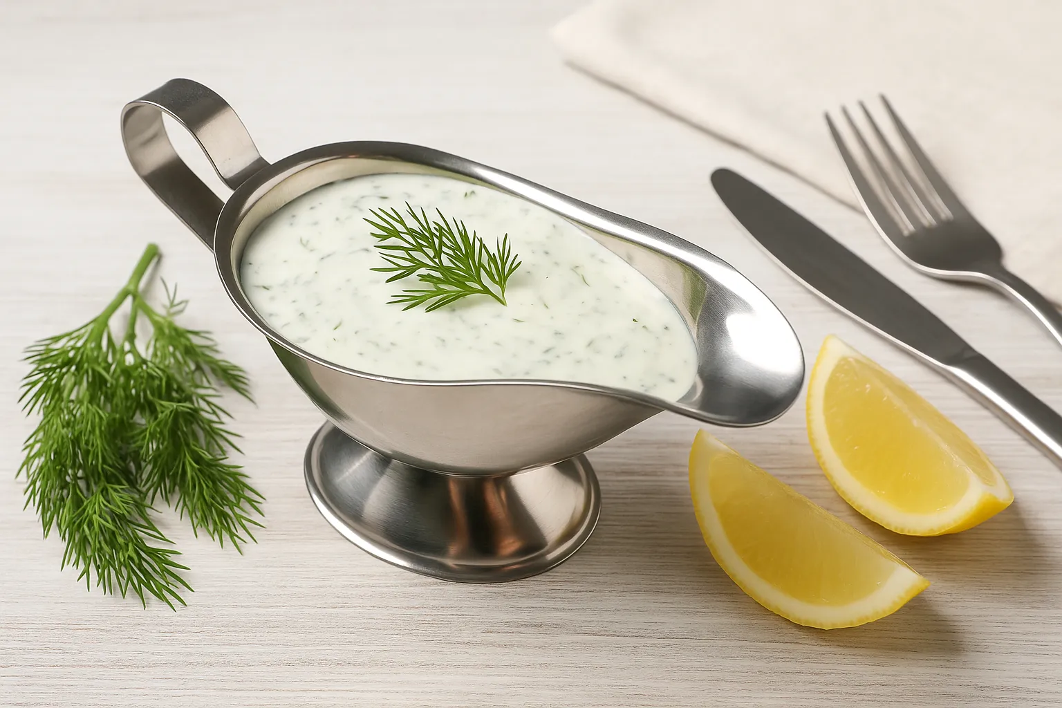 Cremige Dill-Krem-Soße in einer glänzenden Edelstahlsauciere, dekoriert mit frischem Dill