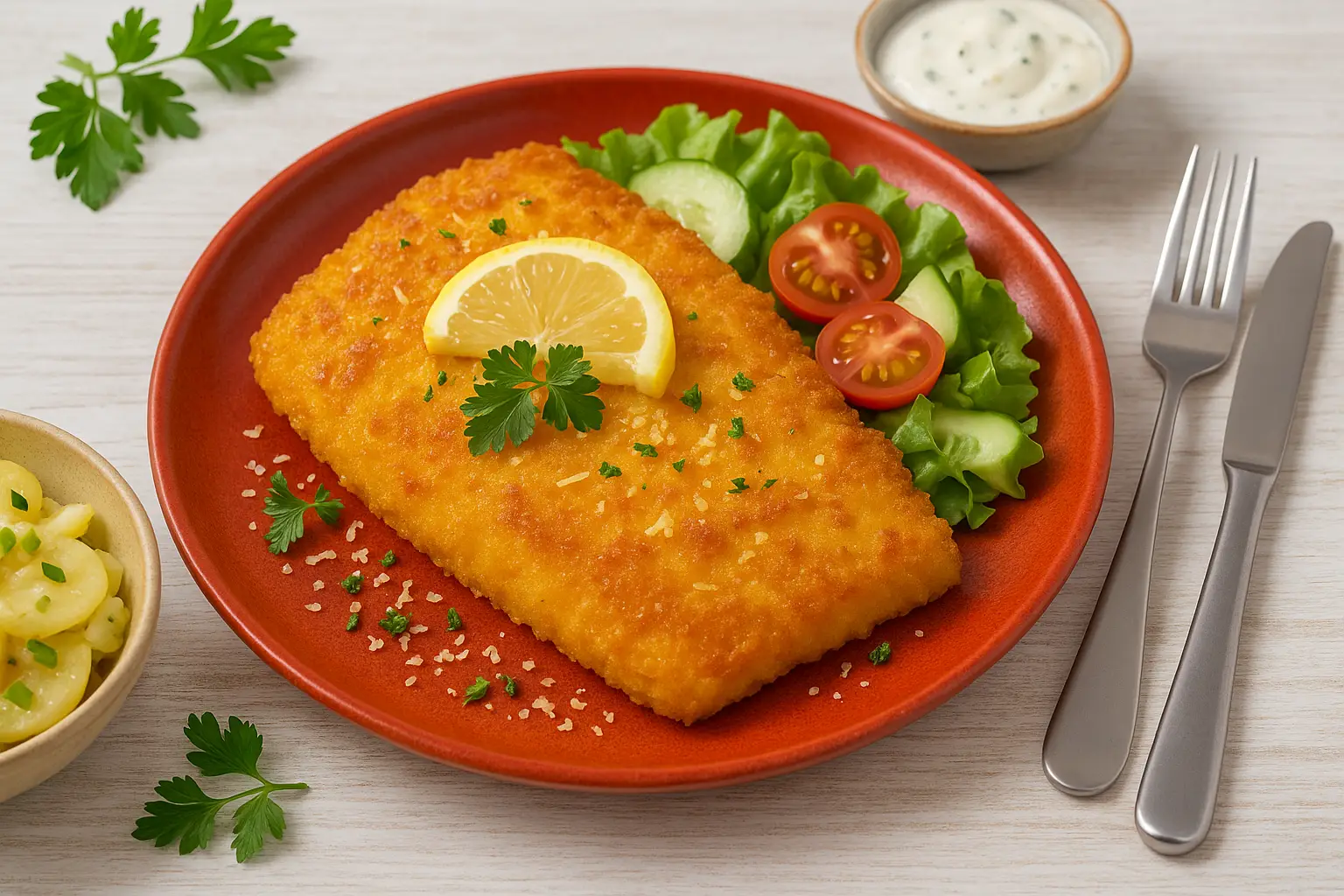  Fischsteak Mailänder Art auf rotem Teller, mit Zitrone, Kräutern und Beilagen auf weißem Holzhintergrund dekoriert