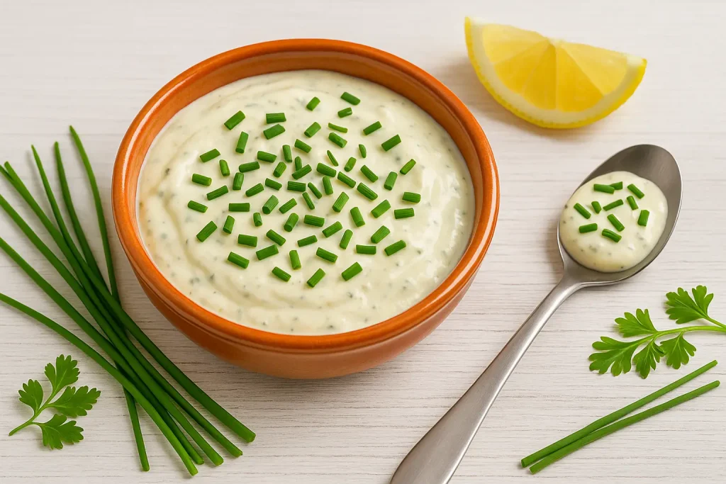  Cremige Frischkäse-Schnittlauch-Soße in einer orangefarbenen Schale auf weißem Holztisch, dekoriert mit frischem Schnittlauch, Zitrone und modernem Besteck.
