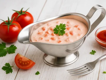 Cremige Frischkäse-Tomaten-Soße in einer glänzenden Edelstahlsauciere, dekoriert mit Tomatenstückchen
