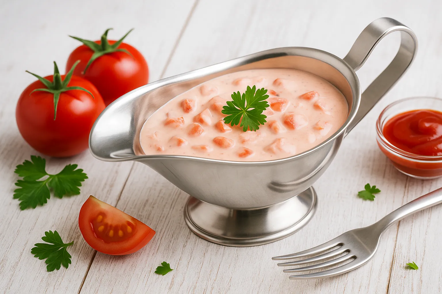 Cremige Frischkäse-Tomaten-Soße in einer glänzenden Edelstahlsauciere, dekoriert mit Tomatenstückchen