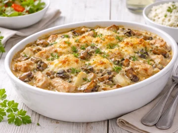 Weiße Keramikschale mit Hühnerragout, Pilzen und cremiger Soße, überbacken mit Käse, auf weißem Holzhintergrund mit sichtbarer Maserung
