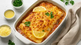 Mailänder Fischauflauf mit goldgelber Käsekruste in weißer Form auf weißem Holzuntergrund