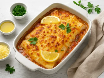 Mailänder Fischauflauf mit goldgelber Käsekruste in weißer Form auf weißem Holzuntergrund