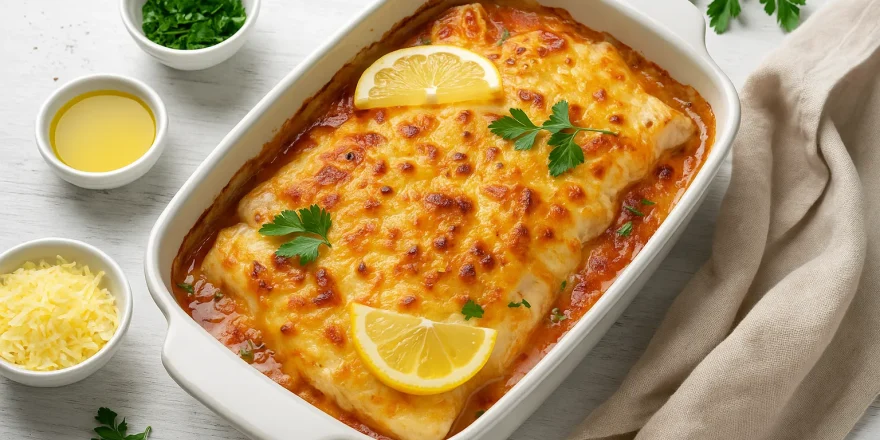 Mailänder Fischauflauf mit goldgelber Käsekruste in weißer Form auf weißem Holzuntergrund