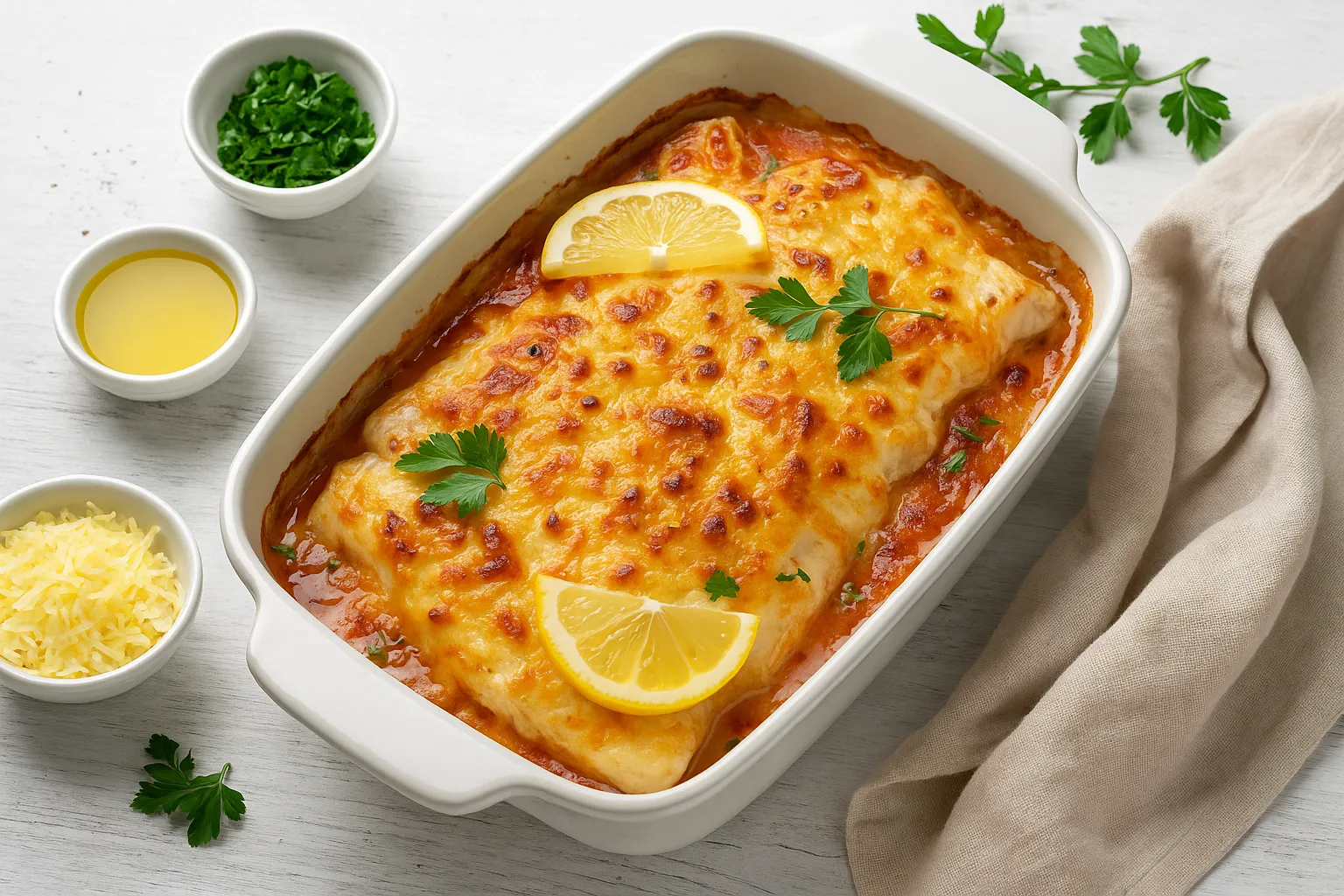 Mailänder Fischauflauf mit goldgelber Käsekruste in weißer Form auf weißem Holzuntergrund