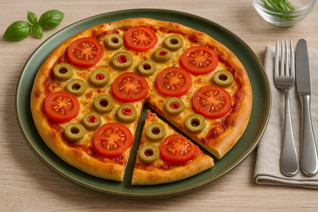  Olivenpizza mit Tomaten, gefüllten Oliven und Schnittkäse auf grünem Teller, serviert auf weißem Holztisch.