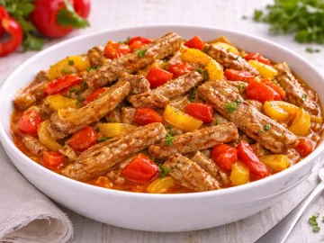 Gebratene Fleischstreifen mit Paprika in würziger Soße in weißer Schüssel auf hellem Holzhintergrund