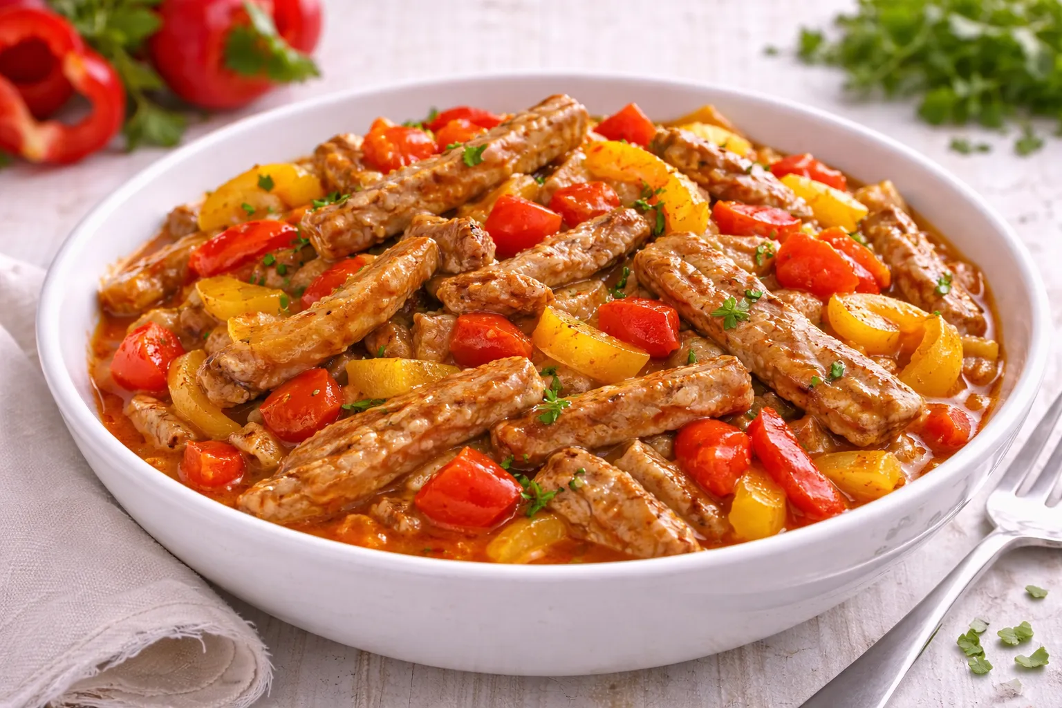 Gebratene Fleischstreifen mit Paprika in würziger Soße in weißer Schüssel auf hellem Holzhintergrund