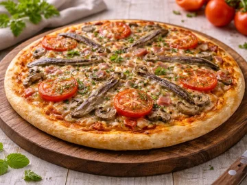 Tomatenpizza mit Schinken, Pilzen und geschmolzenem Käse auf rustikalem Holzbrett