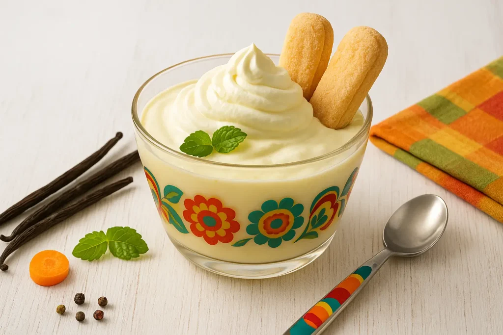 Vanillequark mit Sahne und Löffelbiskuits im bunten Glas, dekoriert mit Minze und Vanille auf weißem Holztisch.