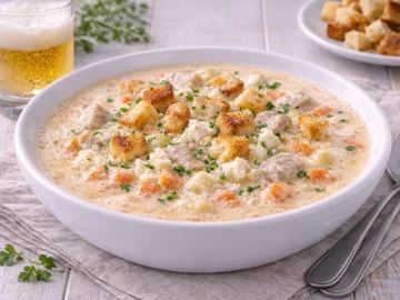 Cremige Altpolnische Biersuppe mit Weißkäsewürfeln und gebräunten Brotcroutons im tiefen weißen Teller