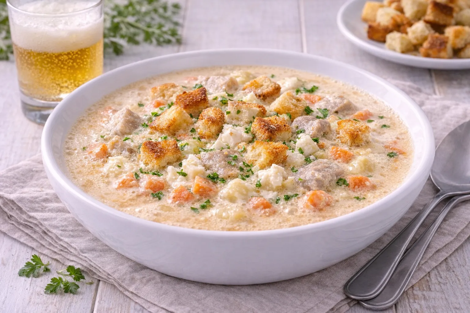 Cremige Altpolnische Biersuppe mit Weißkäsewürfeln und gebräunten Brotcroutons im tiefen weißen Teller