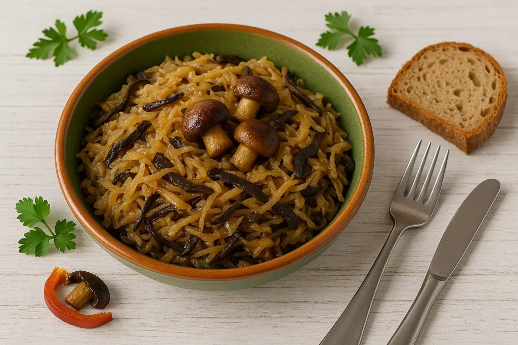  Altpolnisches Sauerkraut mit Pilzen in einer rustikalen, grünen Schüssel auf weißem Holzhintergrund, garniert mit gebratenen Pilzhütchen, frischer Petersilie und einem Stück Brot, daneben modernes Besteck.