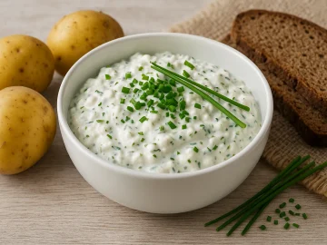 Bibbeles Käse mit Quark, Schnittlauch und Zwiebeln in weißer Schüssel auf Holzhintergrund serviert