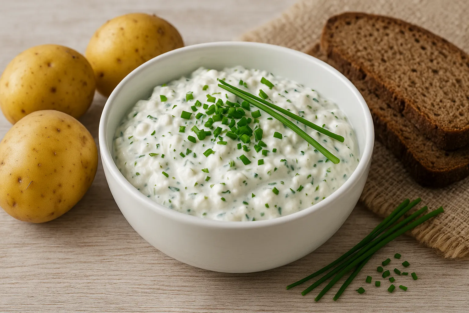 Bibbeles Käse mit Quark, Schnittlauch und Zwiebeln in weißer Schüssel auf Holzhintergrund serviert