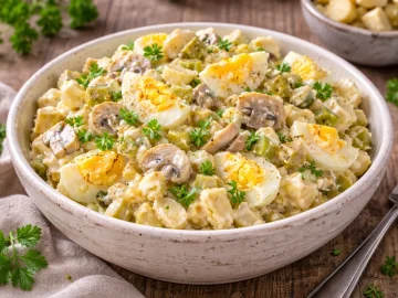 Cremiger Eiersalat mit Champignons und Gewürzgurken in kleiner rustikaler Schüssel