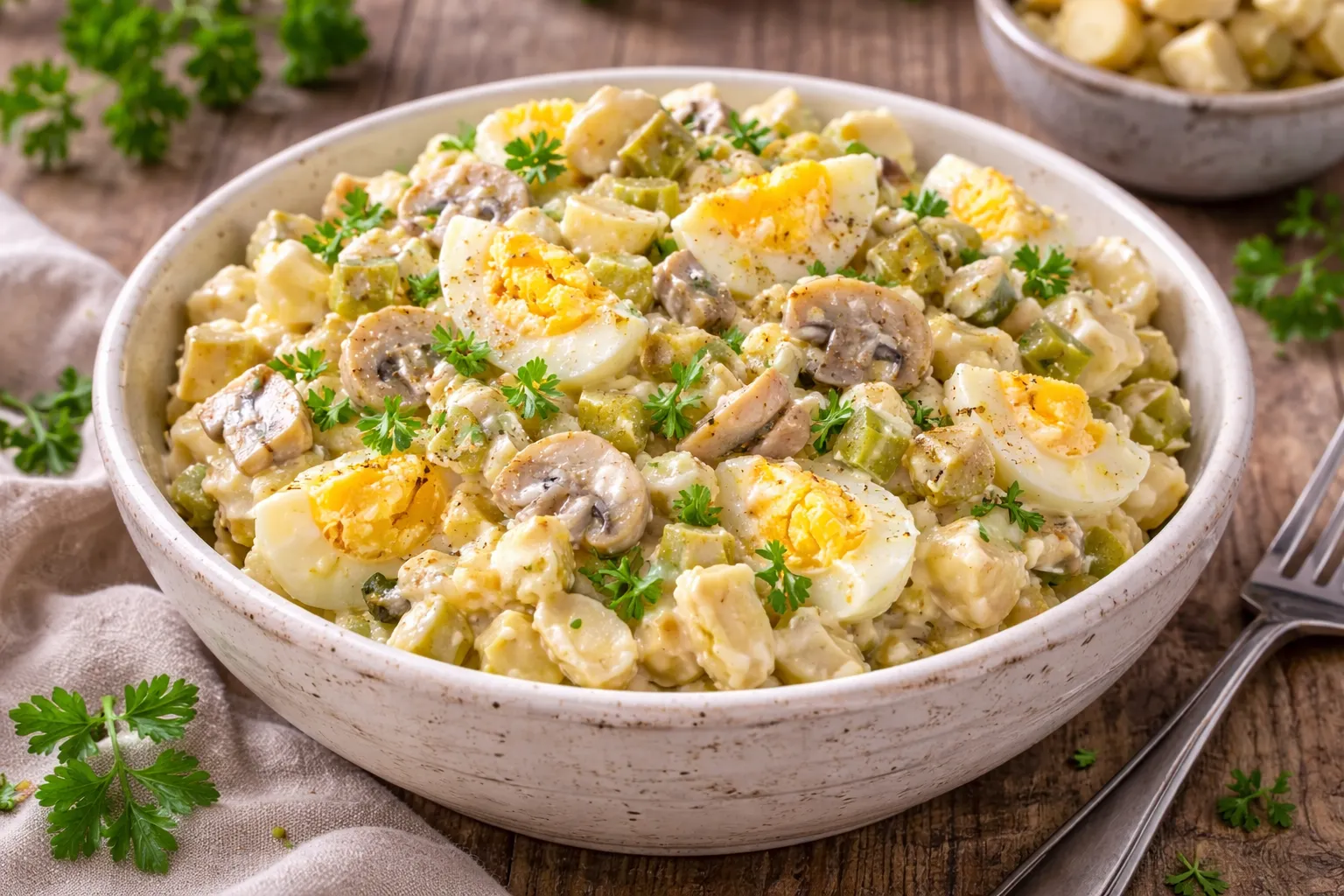 Cremiger Eiersalat mit Champignons und Gewürzgurken in kleiner rustikaler Schüssel