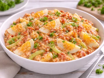 Eiersalat mit Fisch in Tomate, Sellerie und cremiger Mayonnaise in einer weißen Salatschüssel auf hellem Holztisch