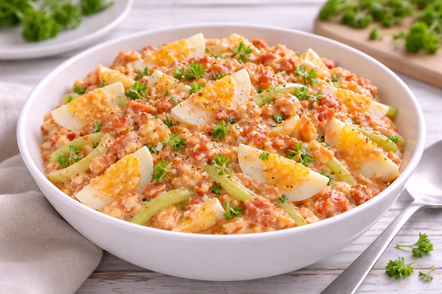 Eiersalat mit Fisch in Tomate, Sellerie und cremiger Mayonnaise in einer weißen Salatschüssel auf hellem Holztisch