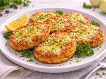 Panierte Kohlrabischeiben mit geschmolzenem Käse auf hellem Holzhintergrund