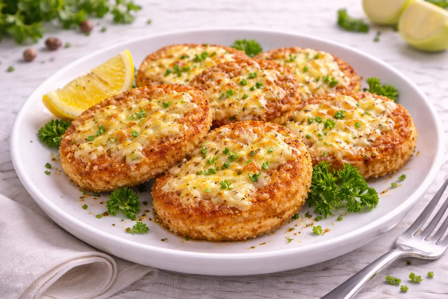 Panierte Kohlrabischeiben mit geschmolzenem Käse auf hellem Holzhintergrund