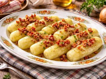 Kartoffel-Kloßrollen mit ausgelassenen Speckwürfeln auf ovaler Servierplatte im Vintage-Stil