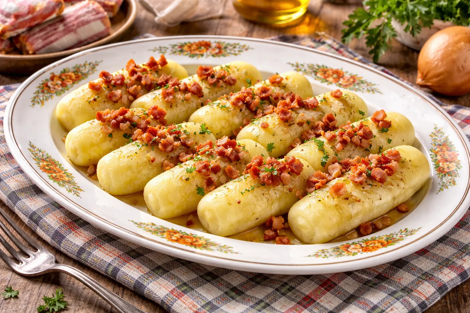 Kartoffel-Kloßrollen mit ausgelassenen Speckwürfeln auf ovaler Servierplatte im Vintage-Stil