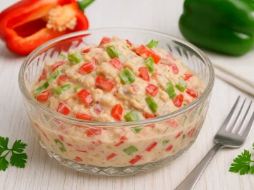 Cremiger Makrelensalat mit Paprika und Zwiebeln in Glas-Schüssel serviert