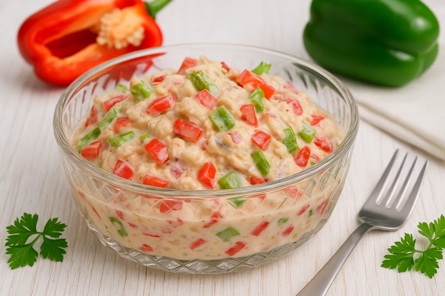 Cremiger Makrelensalat mit Paprika und Zwiebeln in Glas-Schüssel serviert