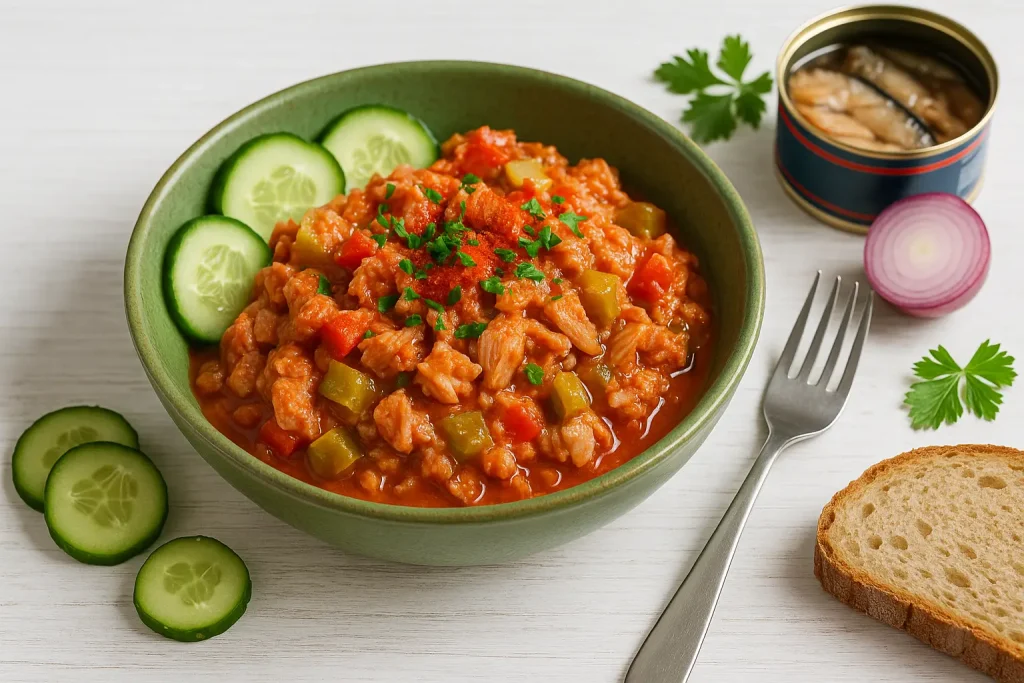 Prager Makrelensalat mit Gurken und Zwiebeln in grüner Schale auf weißem Holztisch, dekoriert mit Brot und Makrelendose.