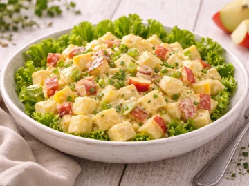 Käsesalat mit Apfelstücken und cremigem Senf-Dressing in weißer Schüssel auf hellem Holztisch