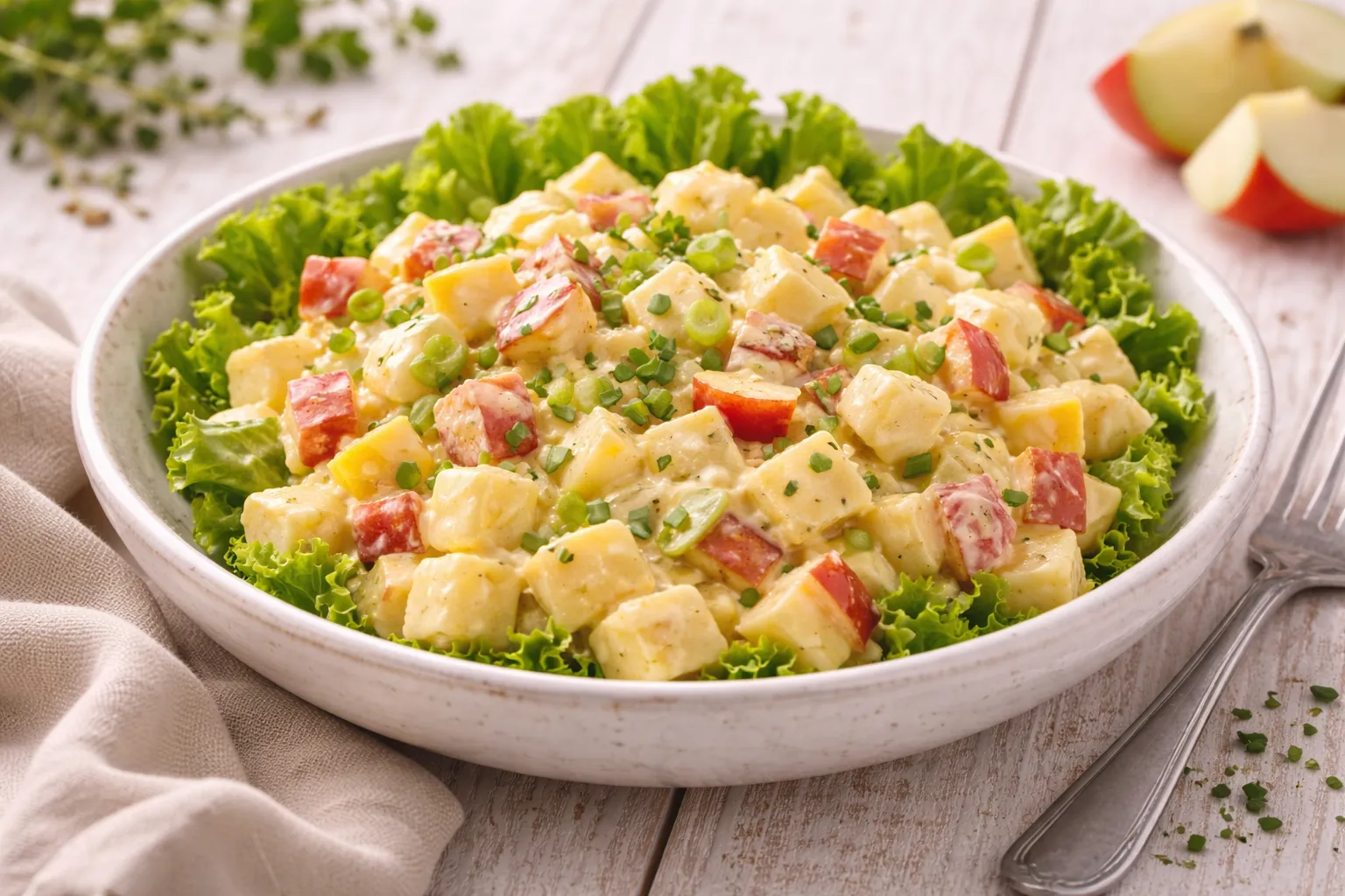 Käsesalat mit Apfelstücken und cremigem Senf-Dressing in weißer Schüssel auf hellem Holztisch