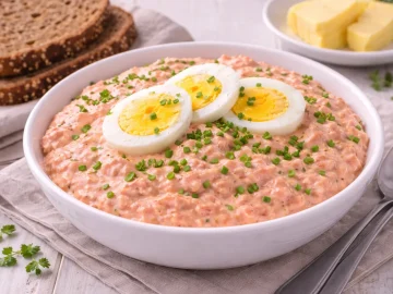 Cremiger Tomatenquark mit Schnittlauch und Ei-Scheiben auf weißem Teller angerichtet