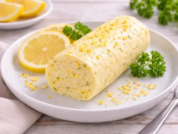 Cremige Zitronenbutter mit Zitronenschale auf weißem Teller auf hellem Holztisch