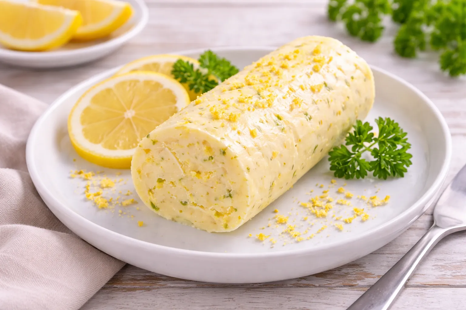 Cremige Zitronenbutter mit Zitronenschale auf weißem Teller auf hellem Holztisch