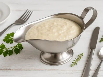Apfel-Meerrettich-Soße in einer Edelstahl-Sauciere, serviert auf weißem Holztisch mit Kräutern und modernem Besteck