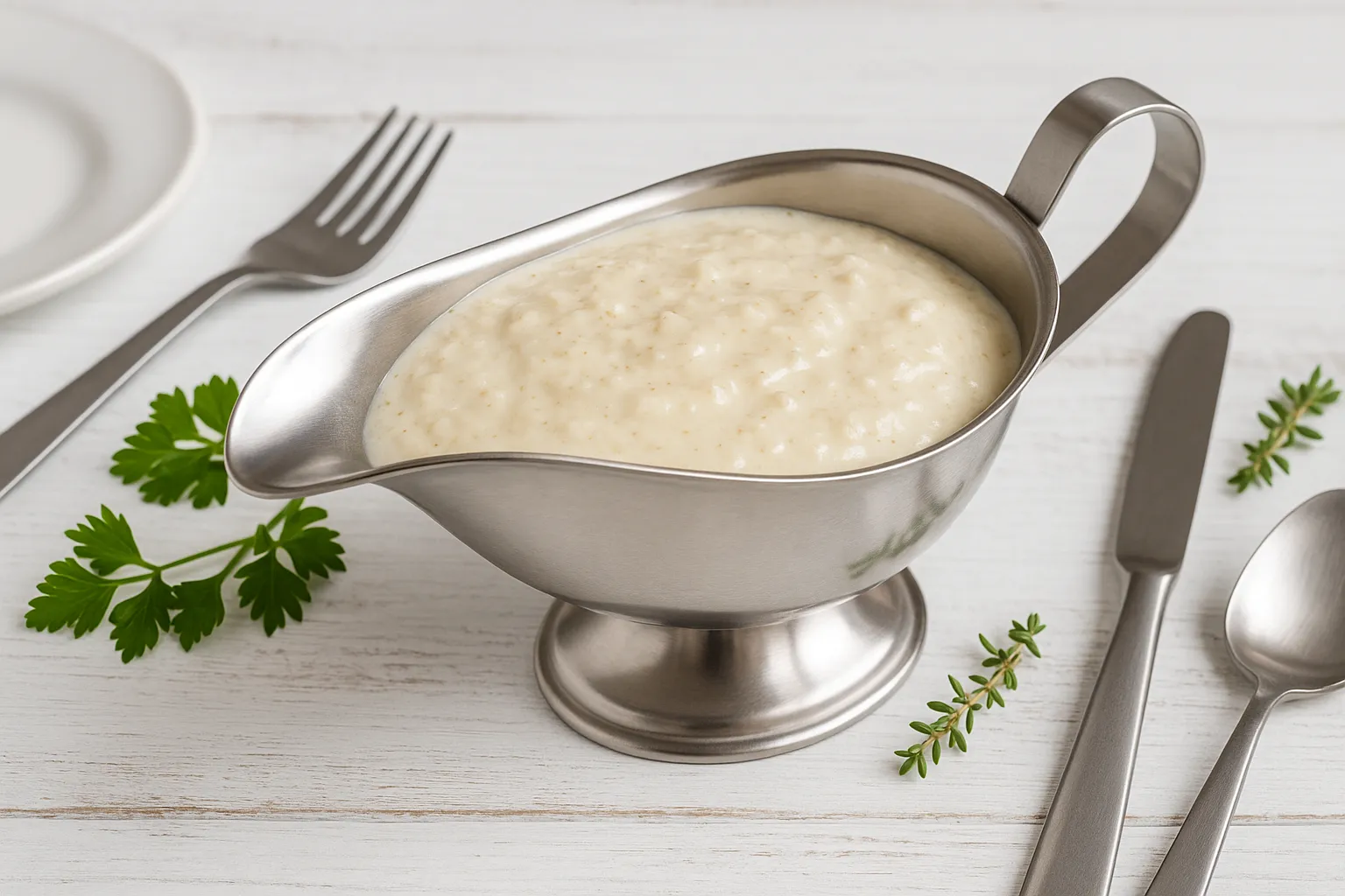 Apfel-Meerrettich-Soße in einer Edelstahl-Sauciere, serviert auf weißem Holztisch mit Kräutern und modernem Besteck