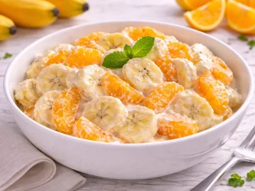 Bananensalat mit Mandarinen und Sahne. Fruchtig, cremig und schnell als süßes Dessert zubereitet.