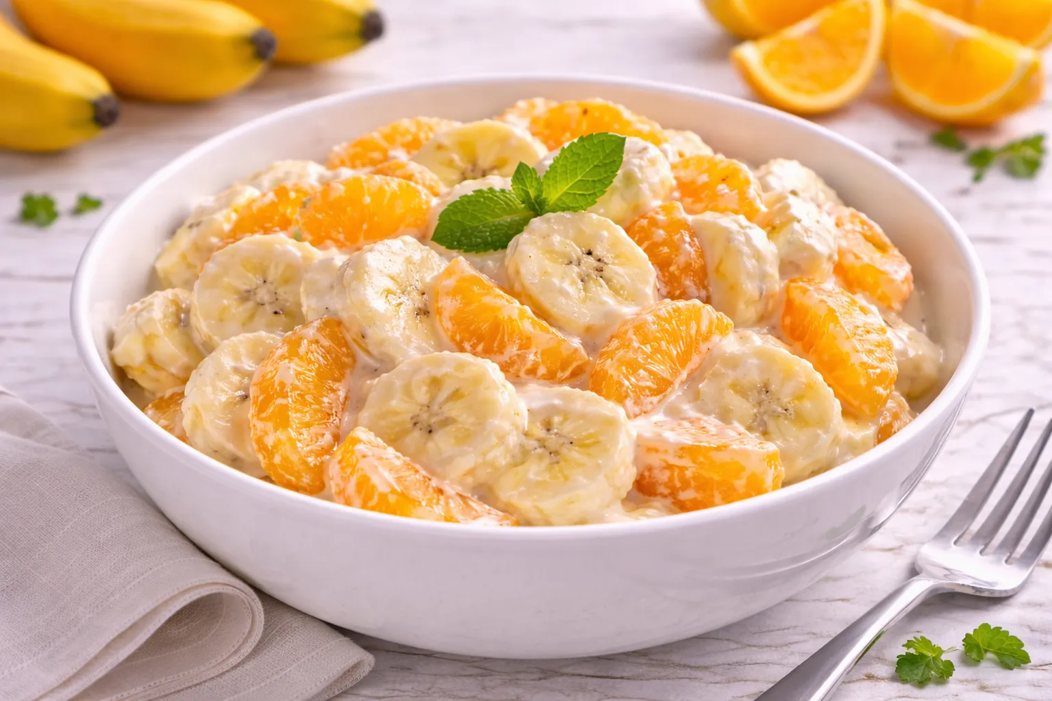 Bananensalat mit Mandarinen und Sahne. Fruchtig, cremig und schnell als süßes Dessert zubereitet.