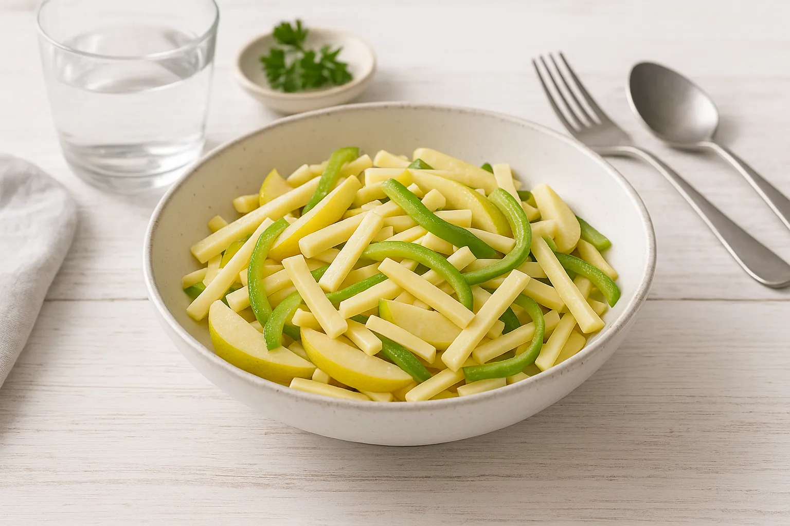 Birnensalat mit Käse und grüner Paprika in weißer Schüssel auf weißem Holztisch